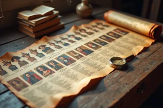 Frise historique des rois de France déroulée sur une table en bois avec portraits et dates de Clovis à nos jours