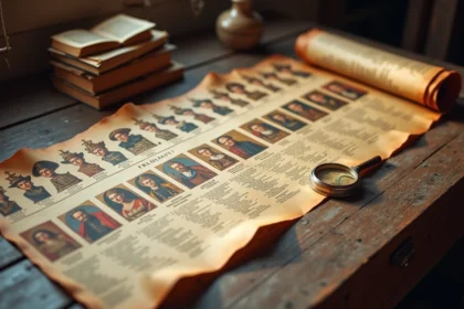 Frise historique des rois de France déroulée sur une table en bois avec portraits et dates de Clovis à nos jours