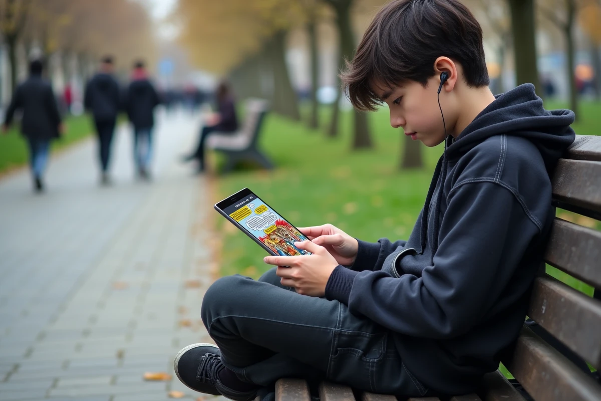 Garçon lisant un manga sur une tablette dans un parc urbain