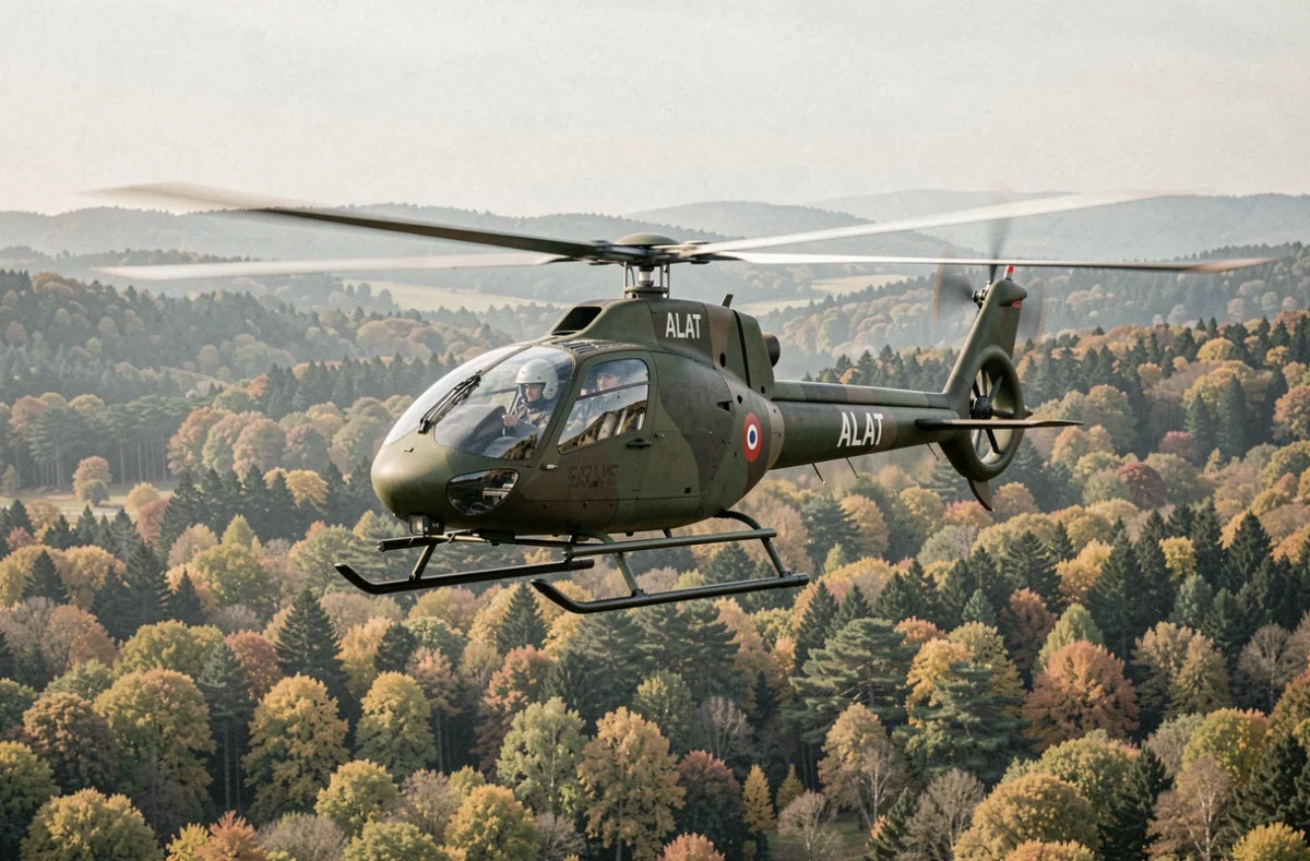 Hélicoptère Gazelle de l'ALAT en vol au-dessus d'une forêt automnale française avec pilote visible dans la verrière