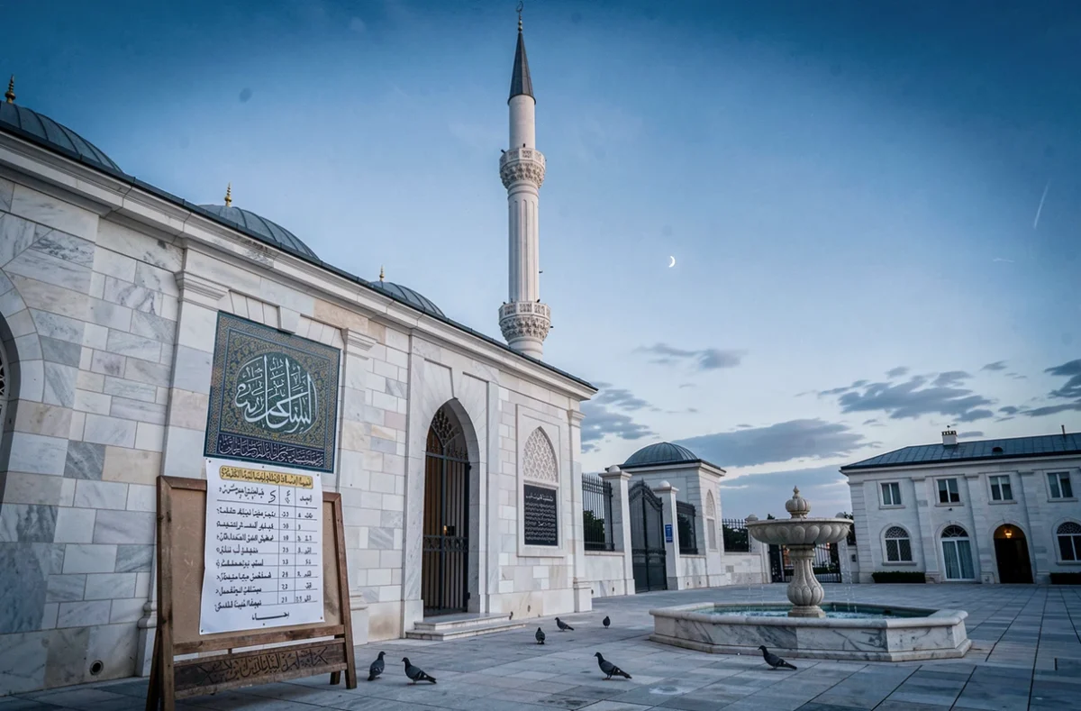 Façade de la Grande Mosquée de Bordeaux avec minaret et panneau d'horaires de prière affiché à l'entrée