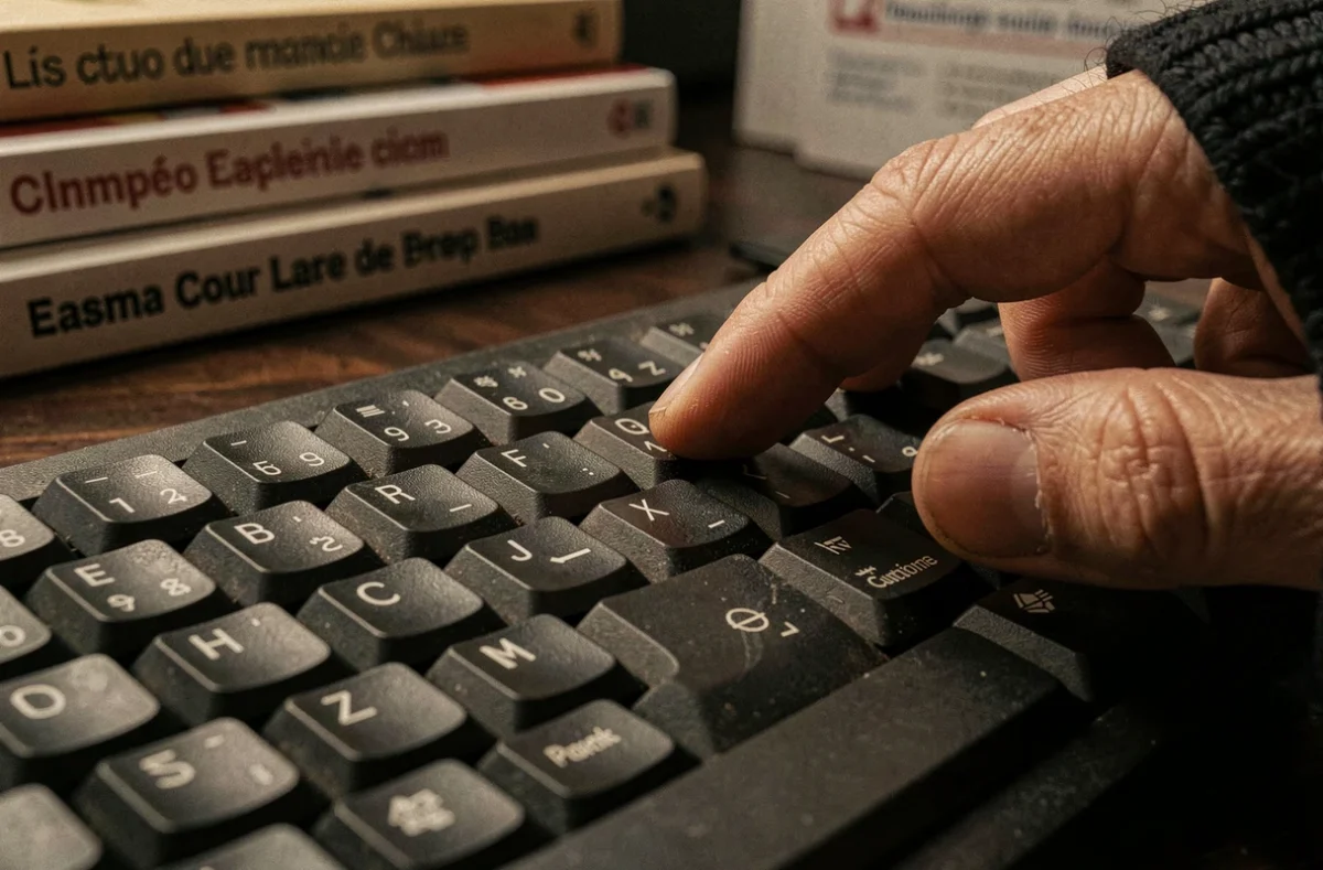 Gros plan sur un clavier QWERTY avec des doigts appuyant sur les touches pour écrire È majuscule avec accent grave