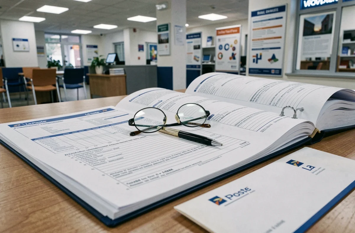 Gros plan sur un dossier administratif imprimé en grand format avec formulaires et stylo sur table La Poste