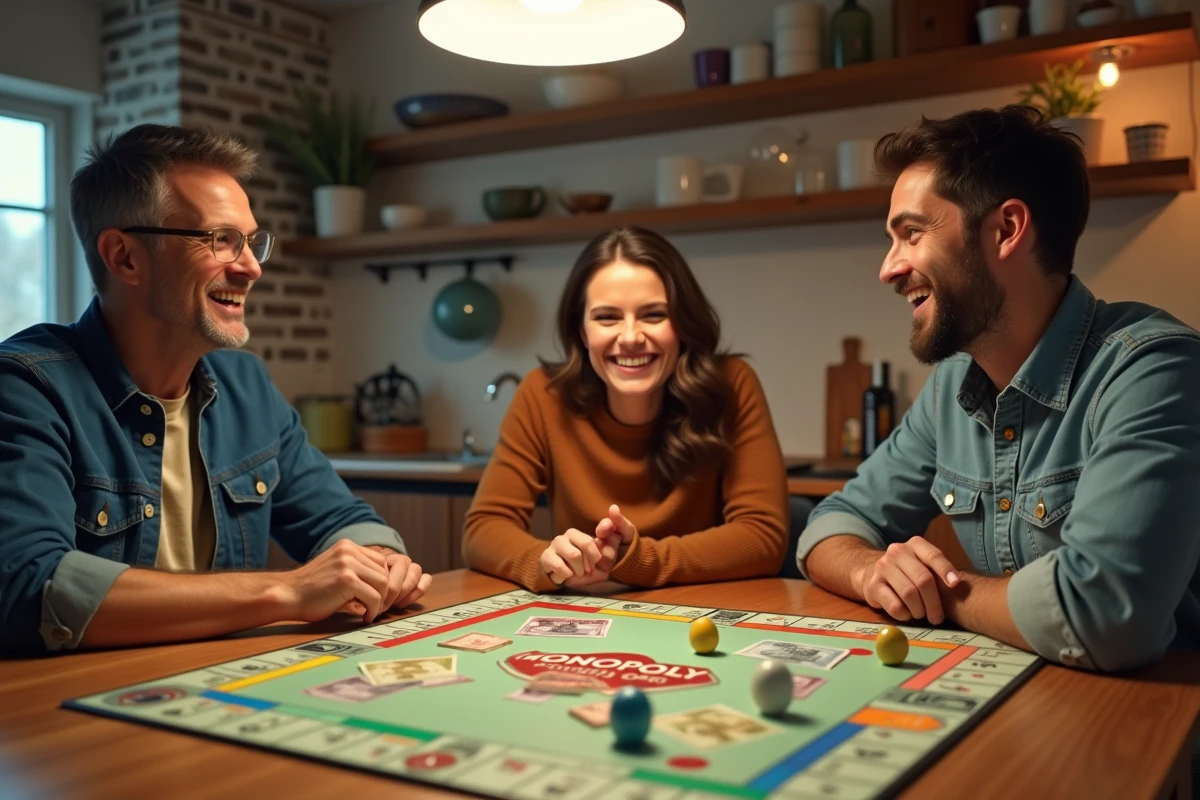 Groupe d'adultes jouant à Monopoly autour d'une table de cuisine avec billets et pions colorés en pleine partie