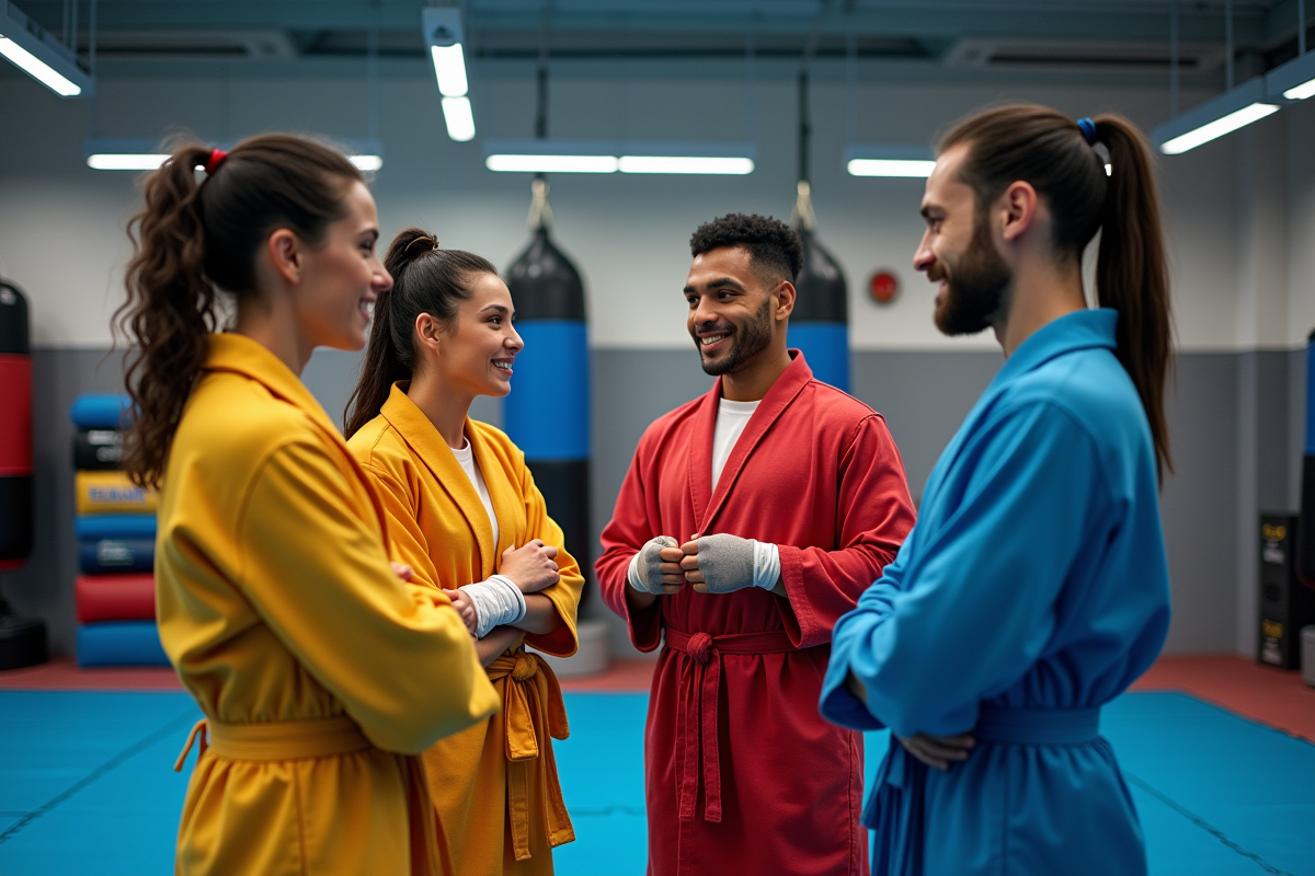 Groupe de boxeurs discutant après l entraînement dans un gymnase moderne