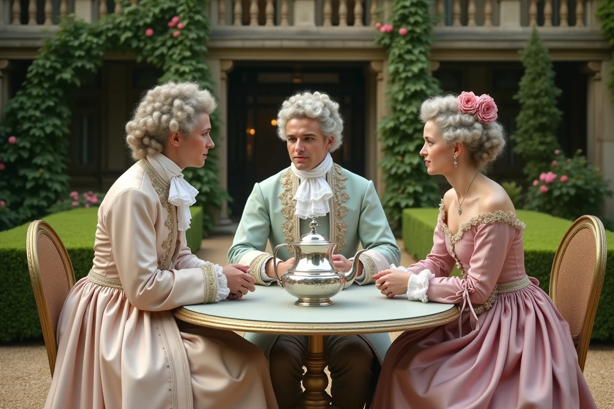 Groupe de personnes en costumes du XVIIIe siècle réunis autour d'un service à thé en argent dans un jardin formel anglais, scène évoquant la satire sociale du poème The Rape of the Lock d'Alexander Pope.