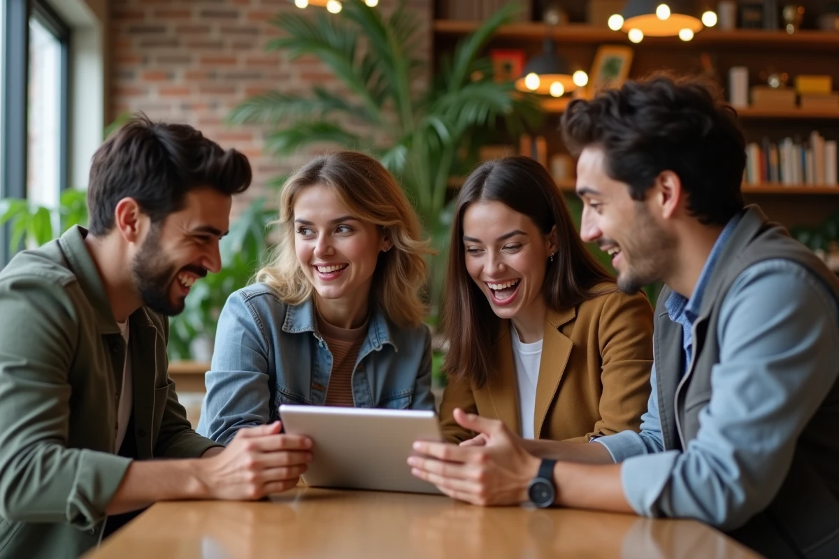 Groupe de jeunes discutant dans un café créatif et lumineux