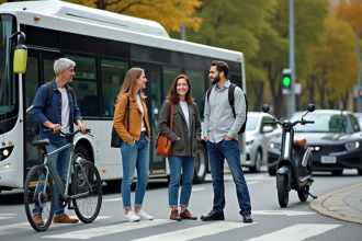 Quatre jeunes avec bus vélo voiture et scooter en ville