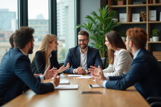Groupe de professionnels en réunion sur la durabilite