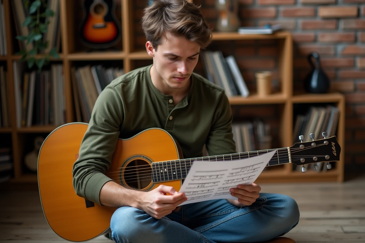 Jeune guitariste assis sur le sol étudiant une partition de guitare imprimée dans une salle de musique chaleureuse