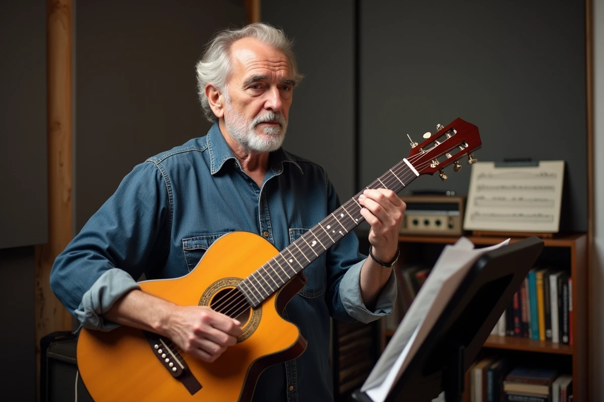 Guitariste expérimenté lisant une tablature sur un pupitre de musique dans un studio d'enregistrement à domicile