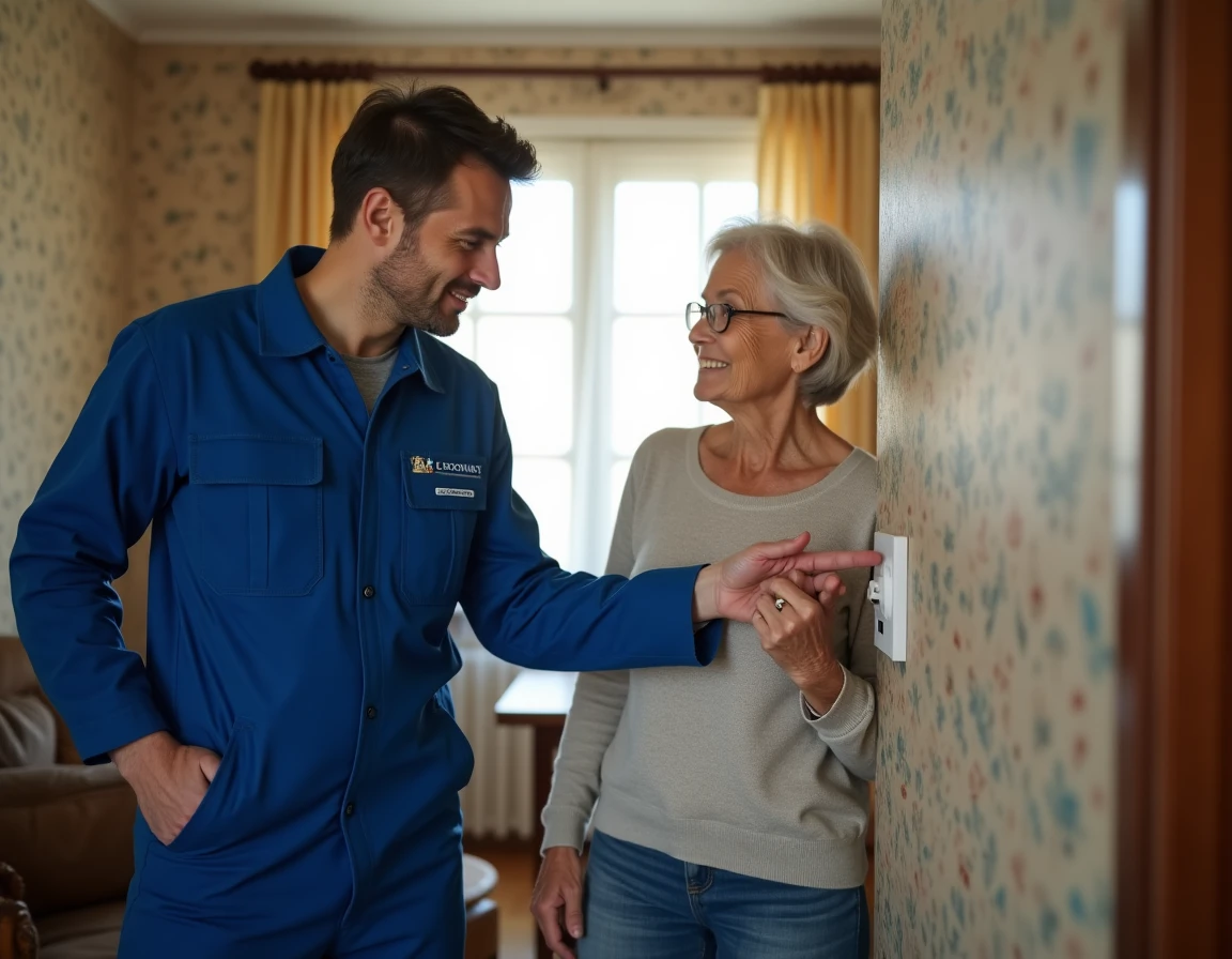 Électricien d'Habitat Élec Services expliquant une installation électrique à une propriétaire dans son appartement à Saint-Denis