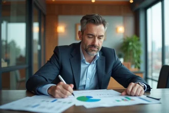 Homme d'affaires examine des documents d'investissement