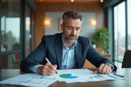 Homme d'affaires examine des documents d'investissement