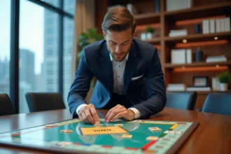 Homme d'affaires en costume analysant un plateau de jeu Monopoly sur une table de conférence en acajou dans un bureau moderne