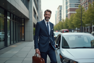 Homme d'affaires sortant d'une voiture urbaine moderne