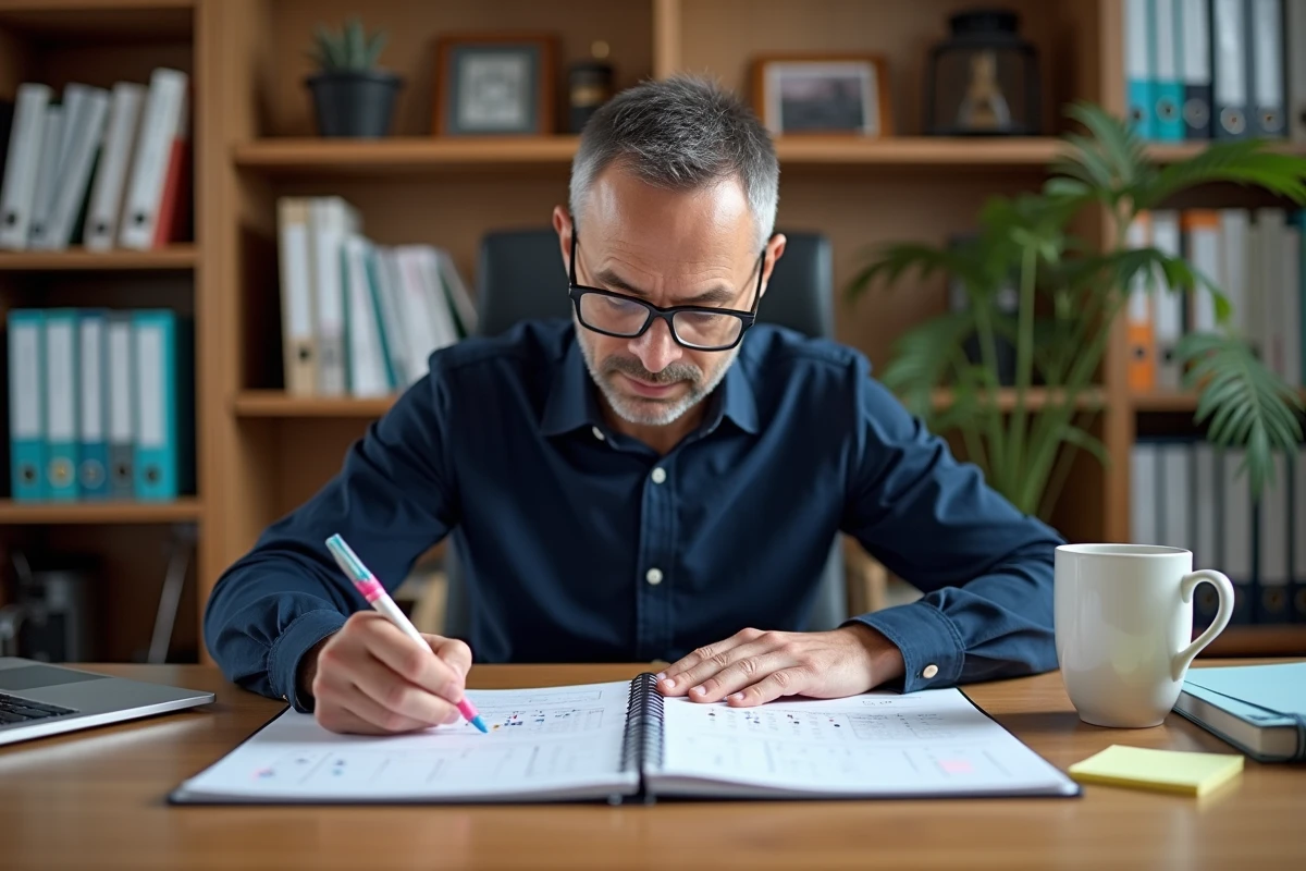 Homme annotant un agenda annuel 2026 avec les semaines paires, impaires et les vacances scolaires dans un bureau à domicile