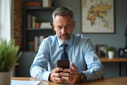 Homme d'affaires concentré sur son smartphone dans un bureau moderne