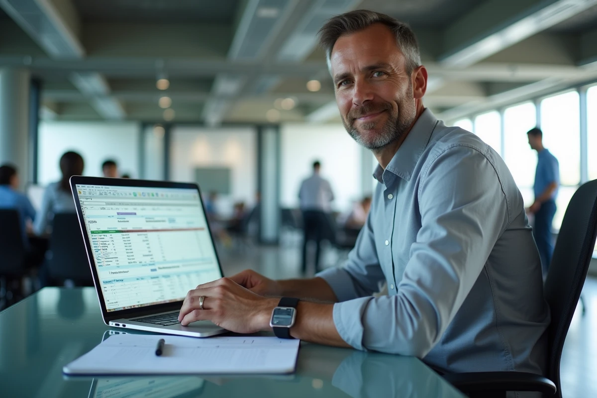 Homme au bureau analysant un tableau de semaines sur ordinateur portable pour la gestion de contrats annuels