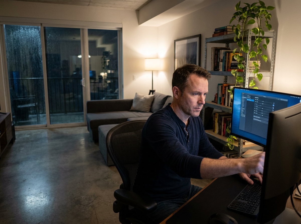 Homme configurant le mode nuit de son écran d'ordinateur de bureau pour protéger sa vue en hiver