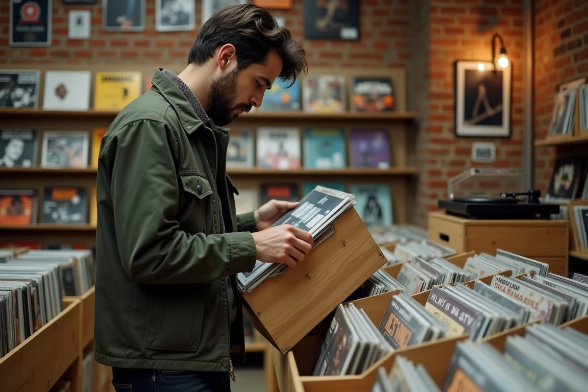 Homme découvrant un banger dans un bac à vinyles d'un magasin de disques indépendant avec des affiches de groupes en arrière-plan