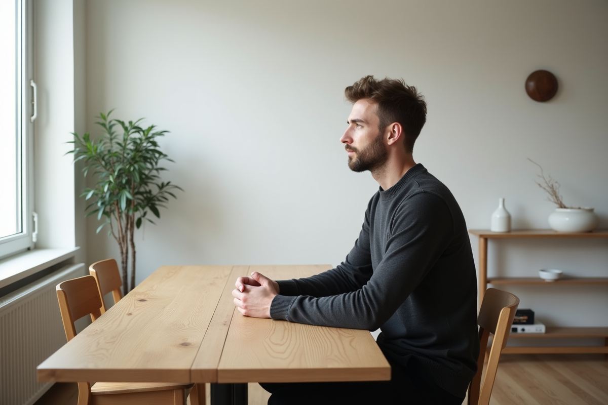 Homme pensif dans un appartement lumineux et calme