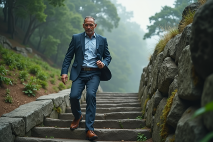 Homme d'affaires grimpe une escalier en pierre en nature