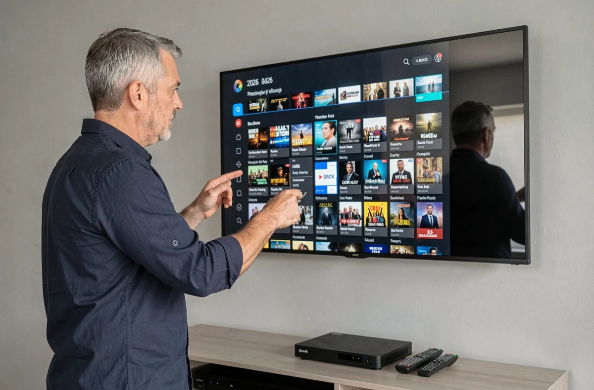 Homme consultant la grille des programmes télévisés 2026 sur un écran Smart TV mural