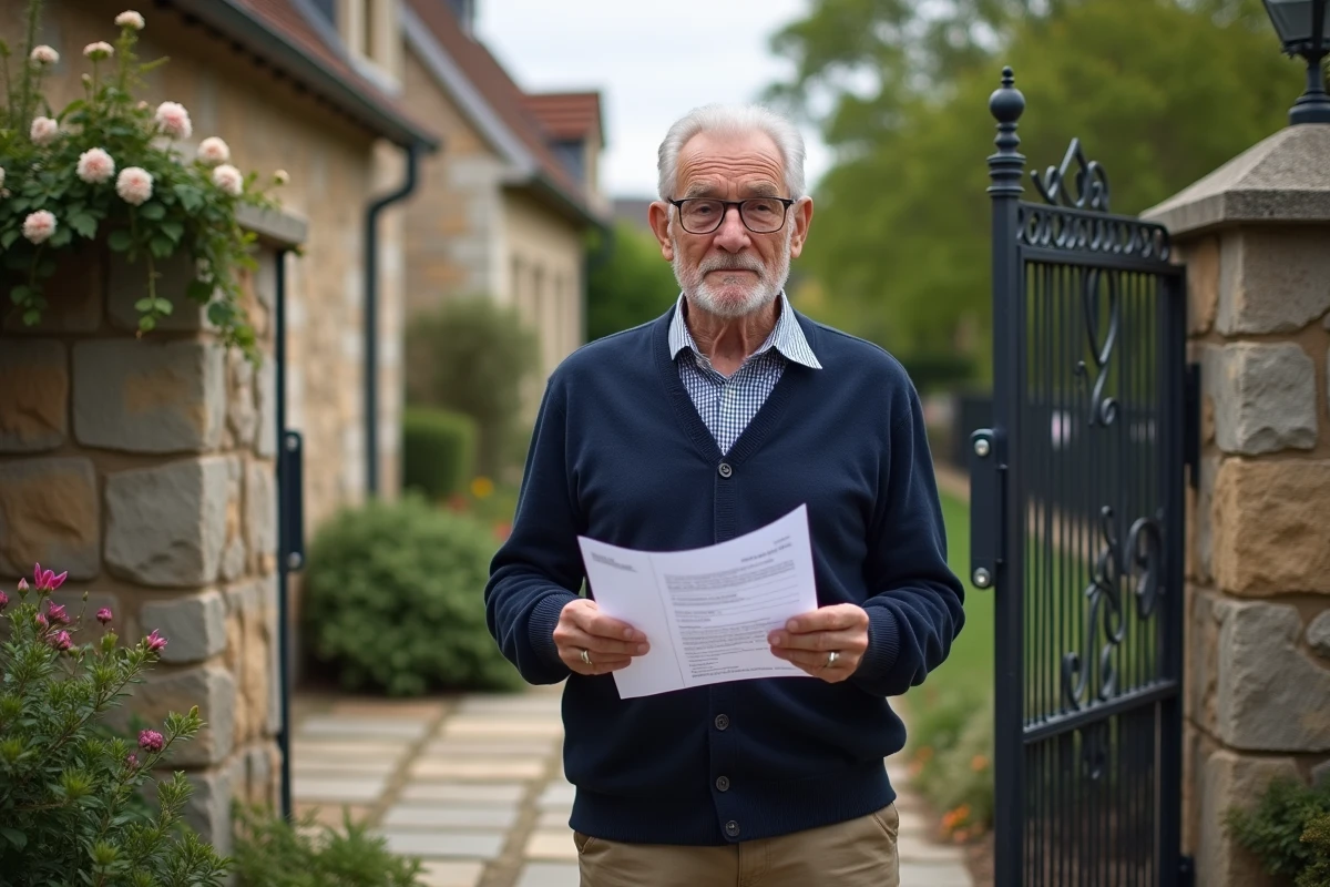 Homme âgé devant sa maison en pierre avec lettre d