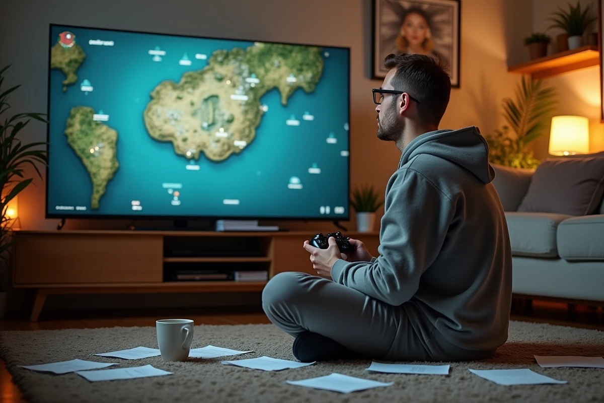 Homme âgé jouant à un jeu vidéo dans le salon