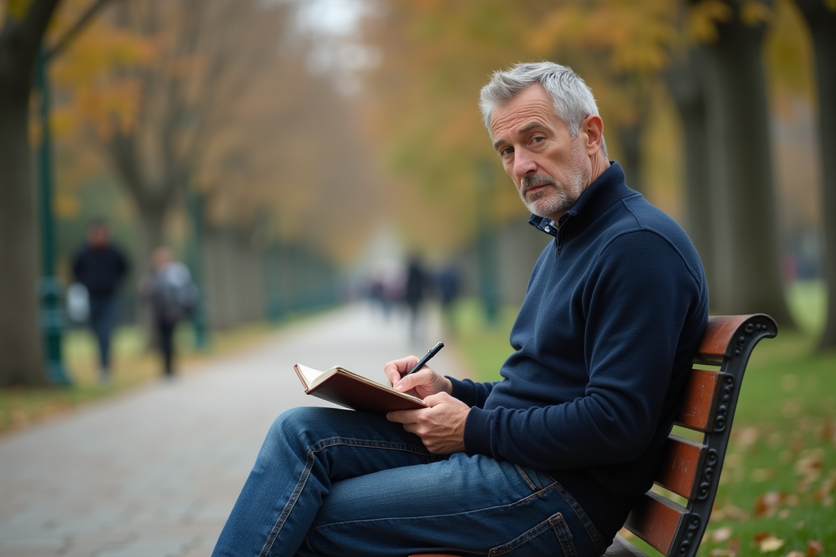 Homme écrivant dans un carnet en plein air dans un parc urbain