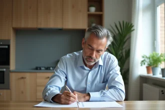 Homme d'âge moyen examinant des documents immobiliers à la maison