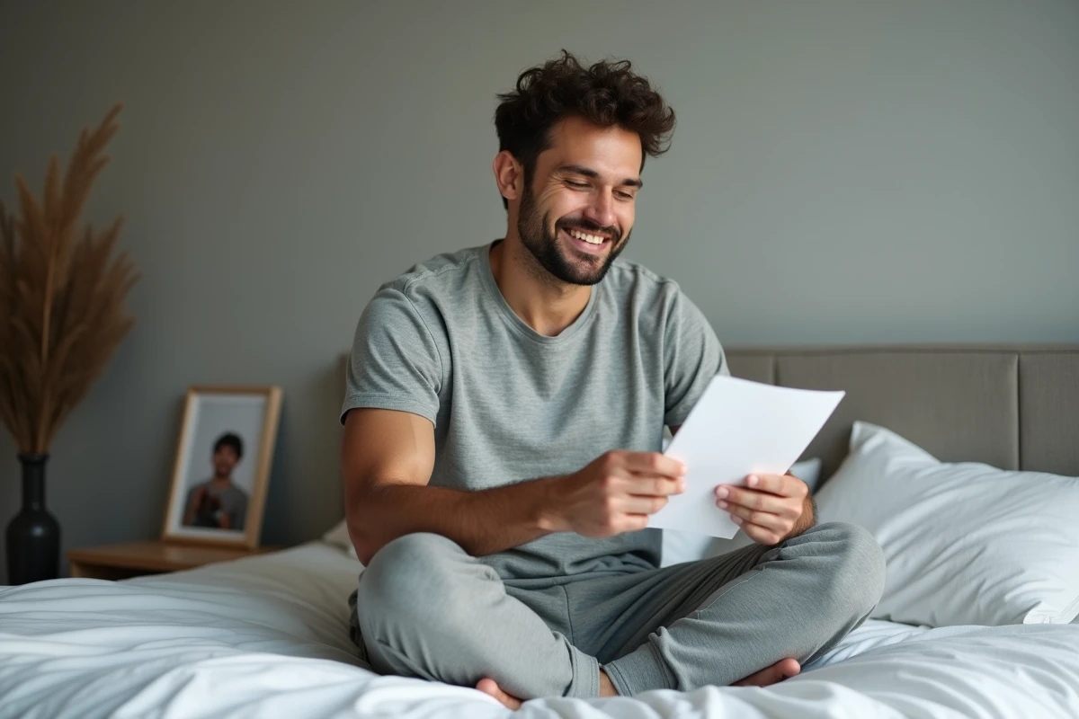 Homme lisant une lettre d'amour avec émotion dans une chambre minimaliste, illustration de la confiance dans une relation à distance