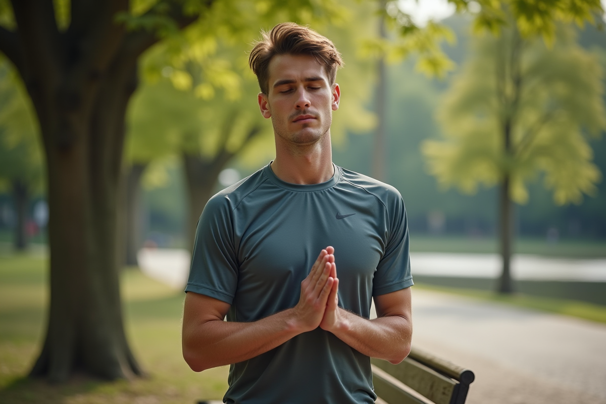 Jeune homme en pleine respiration dans un parc naturel