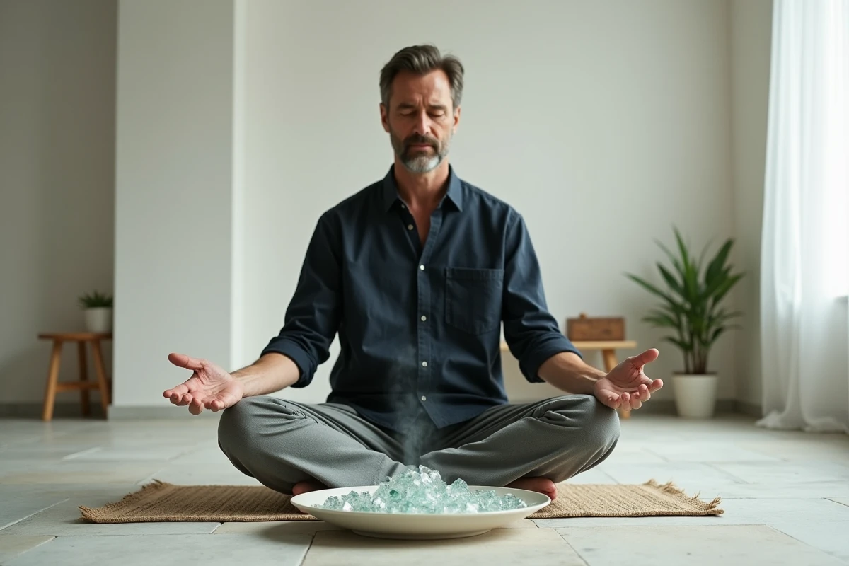 Homme en méditation face à des éclats de verre blanc sur une assiette, atmosphère spirituelle et introspective