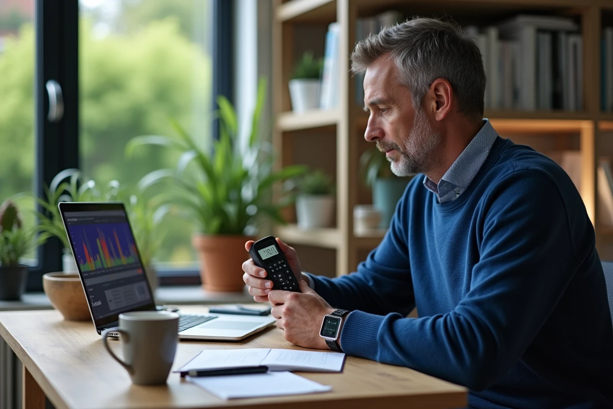Homme d'âge moyen utilisant un sonomètre dans un bureau lumineux