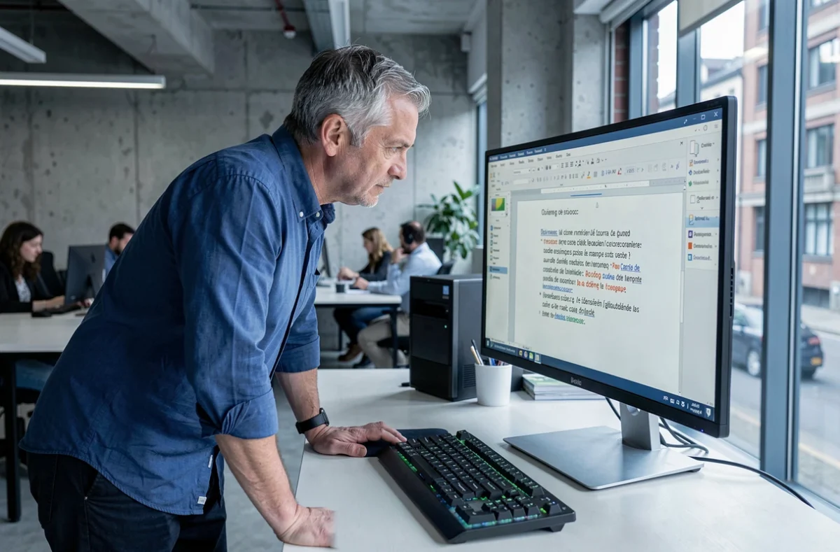 Homme en open space utilisant un clavier QWERTY pour saisir des caractères accentués français comme le È majuscule