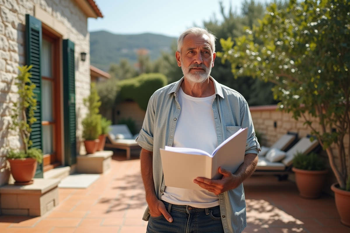 Homme âgé regardant la maison en extérieur en campagne