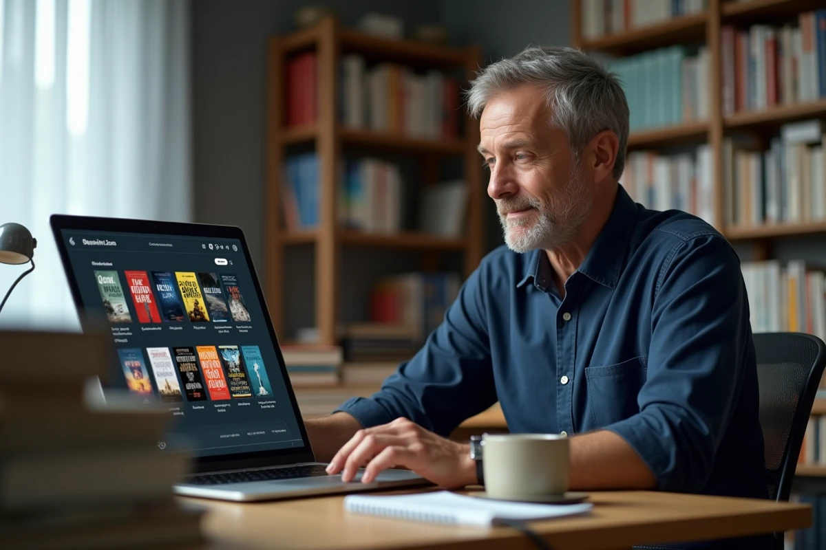 Homme parcourant un site de téléchargement de livres numériques gratuits sur son ordinateur portable dans un bureau à domicile