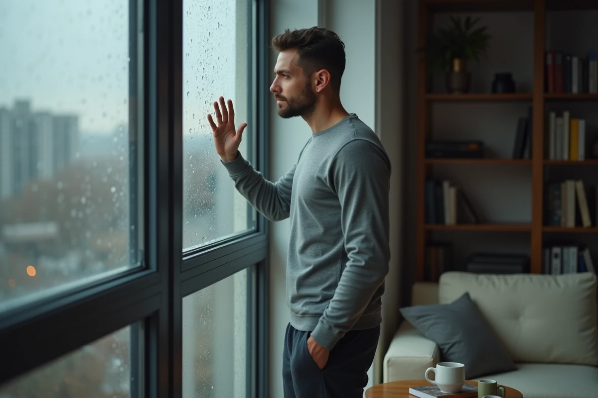 Homme seul regardant par la fenêtre sous la pluie dans un appartement minimaliste, expression mélancolique symbolisant la solitude après une rupture