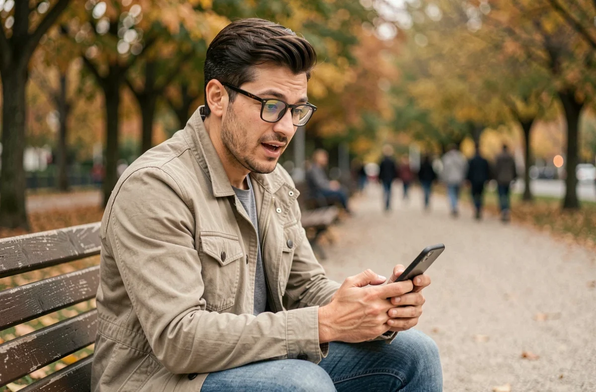 Homme utilisant une application de rencontre sociale sur smartphone dans un parc, cherchant à créer des connexions authentiques avec des inconnus