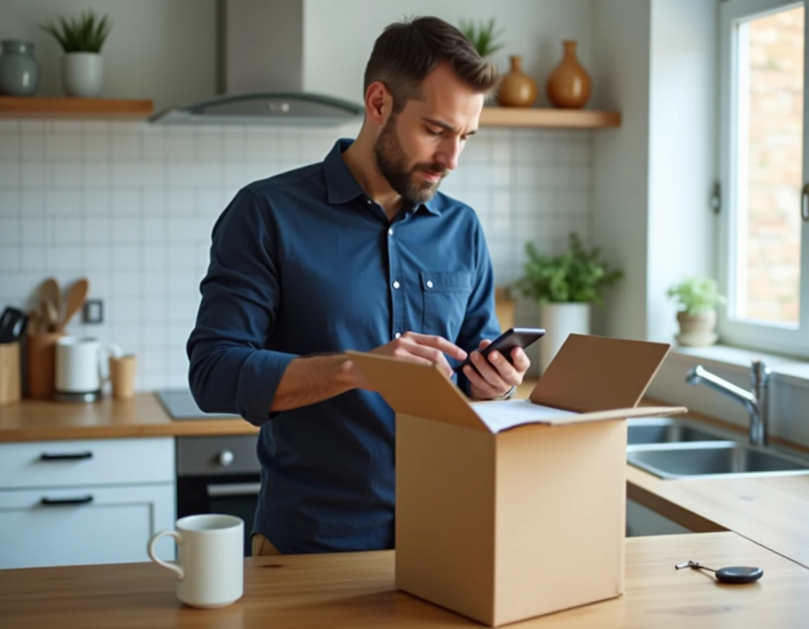 Homme suivant une livraison internationale sur son smartphone avec un colis ouvert devant lui dans une cuisine moderne