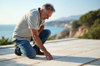 Homme inspectant une terrasse en pierre à Saint Cyr sur Mer