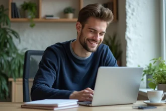 Jeune homme détendu travaillant à son bureau à domicile