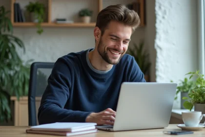 Jeune homme détendu travaillant à son bureau à domicile
