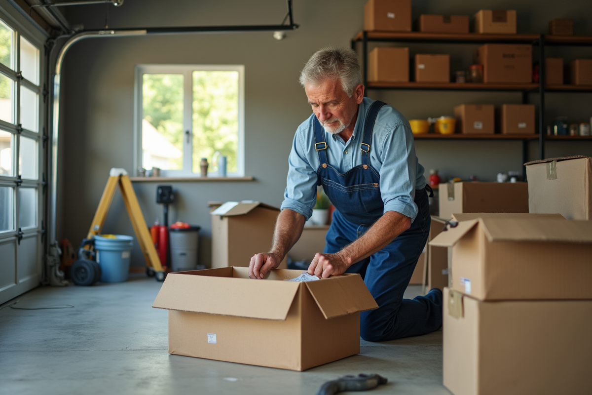 Homme professionnel triant des objets dans un garage spacieux