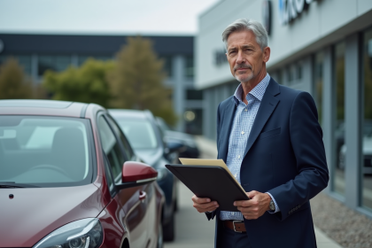 Homme en costume navy pensif près d'une voiture neuve