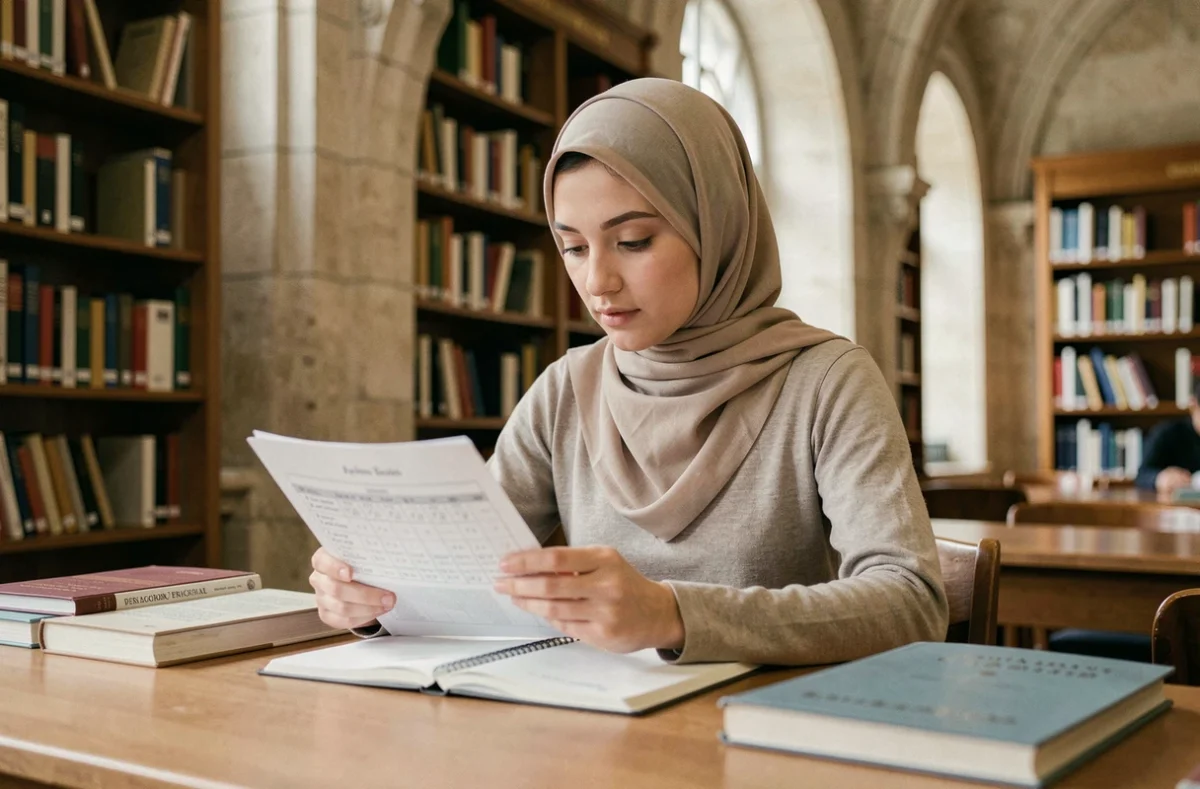 Une étudiante voilée consulte un horaire de prière dans une bibliothèque universitaire parisienne