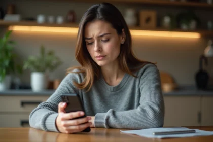 Femme tenant un smartphone affichant un numéro inconnu, expression perplexe, cherchant à identifier l'appelant