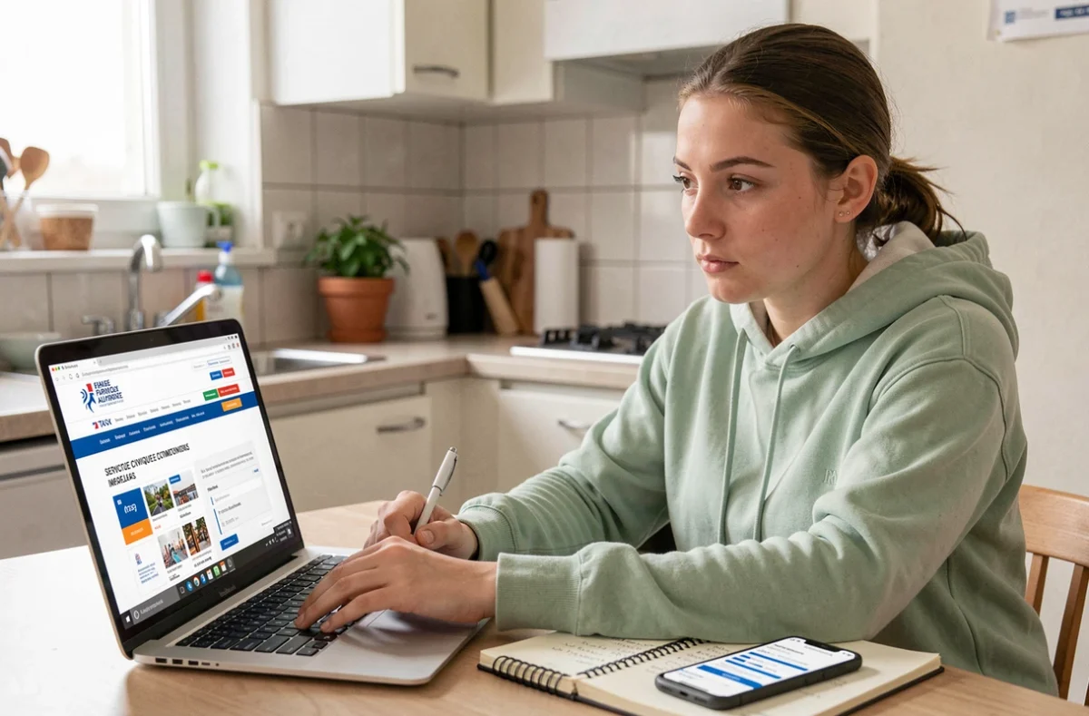 Jeune femme calculant ses indemnités de service civique et vérifiant ses obligations fiscales sur le site des impôts depuis son appartement